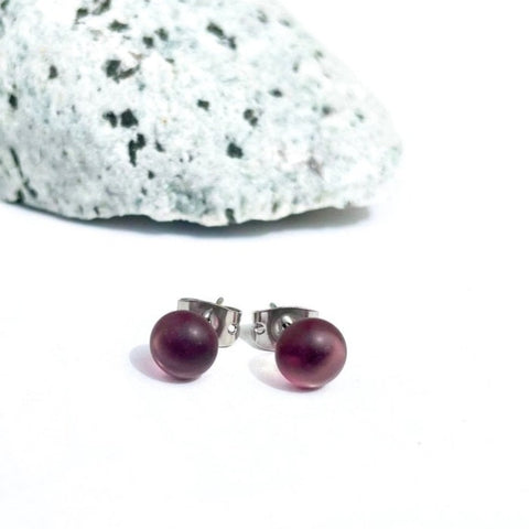 Flame Work Designs - Earrings - Sea Glass Studs - Amethyst