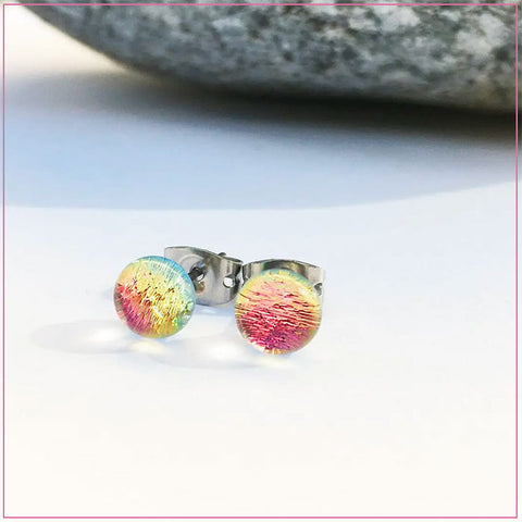 Flame Work Designs -  Earrings - Dichroic Glass Studs - Strawberry Cheesecake