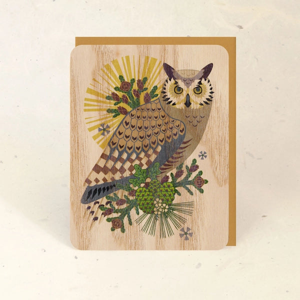 Wood Greeting Card - Yule Owl Wood