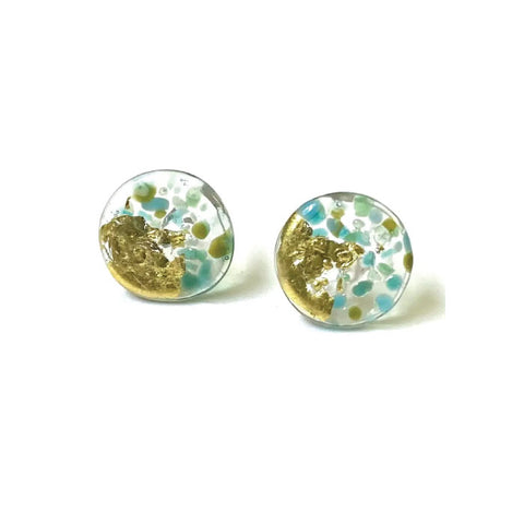 Helen Chalmers Glass and Gold Midi Mottled Stud Earrings - Aqua