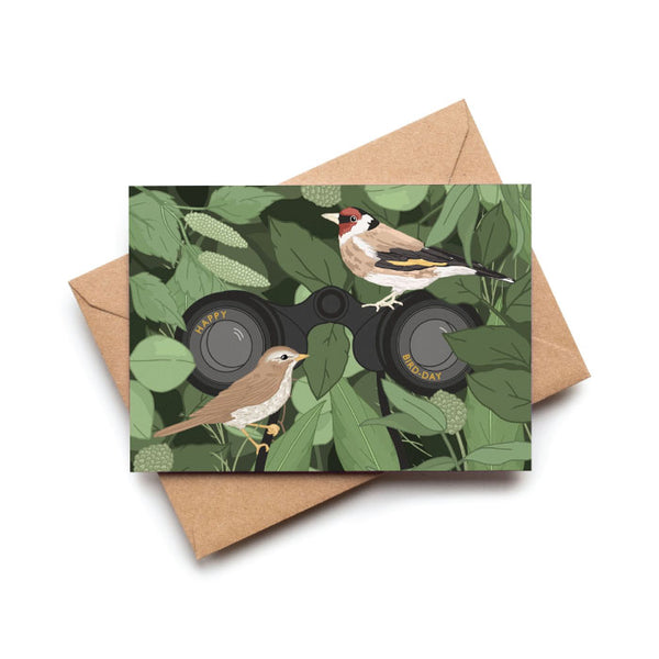 Wildwood Paper Greeting Card - Happy Bird-Day Green Garden Bird + Binoculars