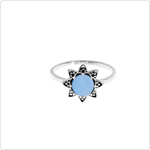 Sterling Silver Ring - Mandala with Claw Set Blue Chalcedony - Size O (7.25)