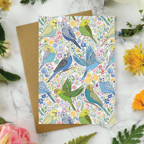 Mystical Sky Studio Note Card - Budgies and Flowers with Cream Background