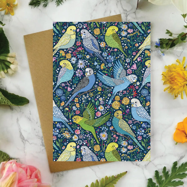 Mystical Sky Studio Note Card - Budgies and Flowers with Navy Background