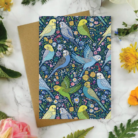 Mystical Sky Studio Note Card - Budgies and Flowers with Navy Background