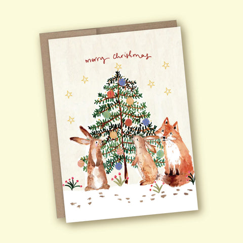 Louise Mulgrew Bunnies & Fox Christmas Tree Holiday Card