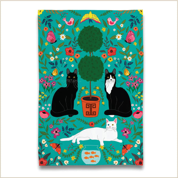 Tea Towel - Cotton - Cat Trio with Topiary and Florals