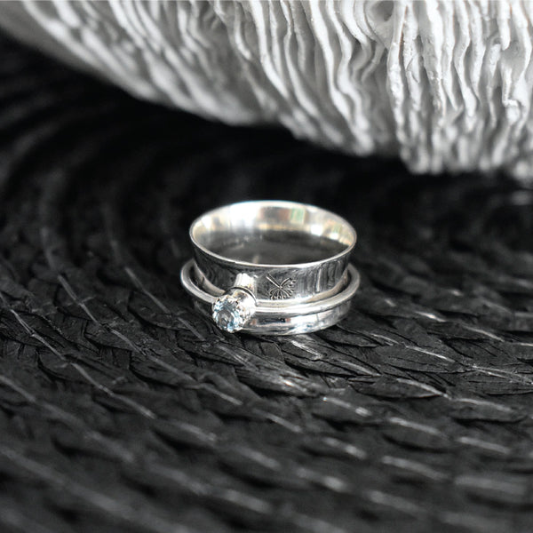 Sterling Silver Ring - Meditation with Dandelion - Blue Topaz Size Q (8.25)