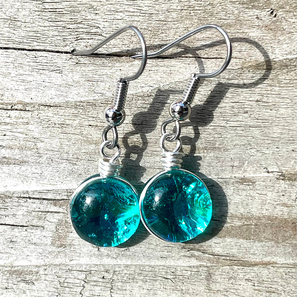 Flame Work Designs -  Dichroic Drop Earrings - Caribbean Blue