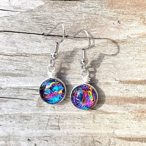 Flame Work Designs -  Dichroic Drop Earrings - Rainbow Teal