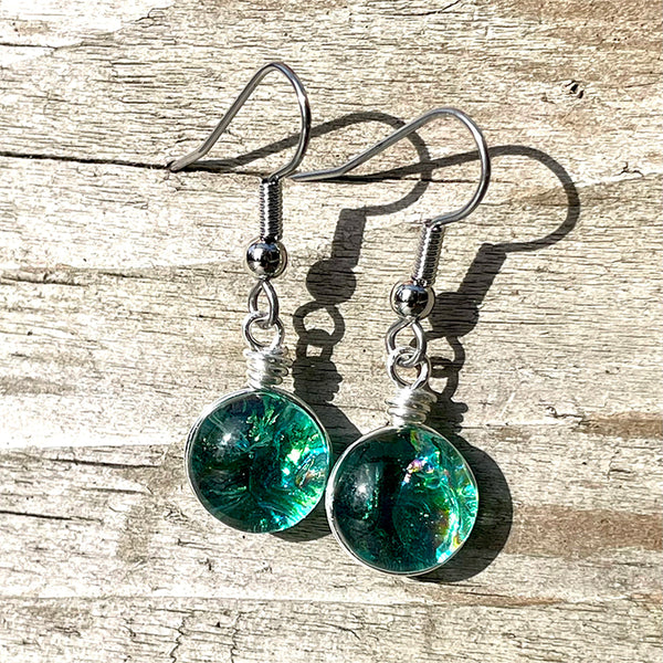 Flame Work Designs -  Dichroic Drop Earrings - Sea Foam Green