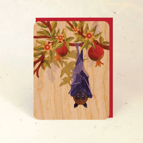 Wood Greeting Card - Fruit Bat and Pomegranate