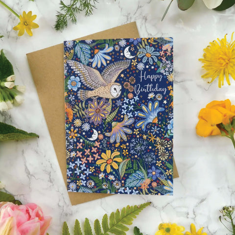 Mystical Sky Studio Note Card - Happy Birthday Owl and Flowers