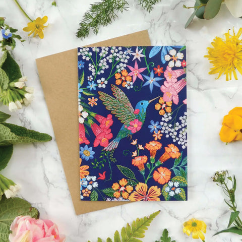 Mystical Sky Studio Note Card - Hummingbird and Flowers