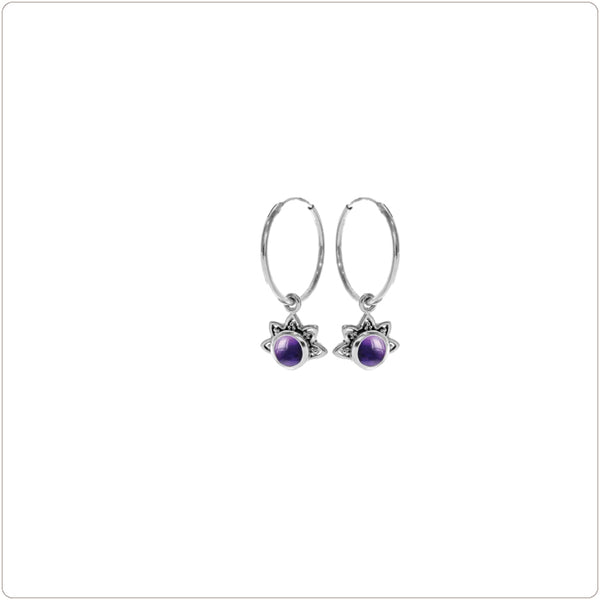Sterling Silver Earrings - Sleeper Earrings with Lotus Dangle - Amethyst