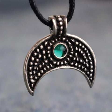 Pewter Necklace - Lunular Replica Viking Age Pendant with Green Stone