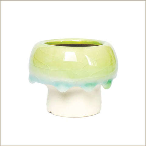 Ceramic Planter (with Drainage Hole) - Drip Glaze Mushroom - Green