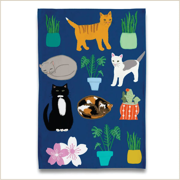 Tea Towel - Cotton - Cats with Plants