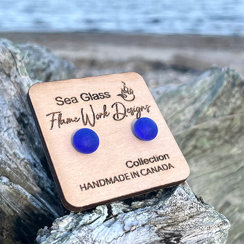 Flame Work Designs - Earrings - Sea Glass Studs - Cobalt