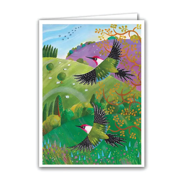 Silver Birch Art Card - Woodpeckers Flight