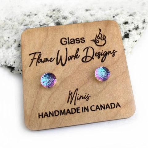 Flame Work Designs -  Earrings - Dichroic Glass Studs - Bumbleberry