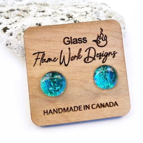 Flame Work Designs - Earrings - Dichroic Glass Studs - Caribbean Blue