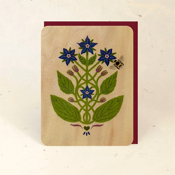 Wood Greeting Card - Borage and Bee