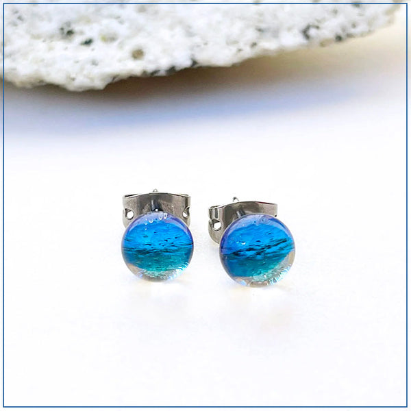 Flame Work Designs - Earrings - Dichroic Glass Studs - Blue Raspberry