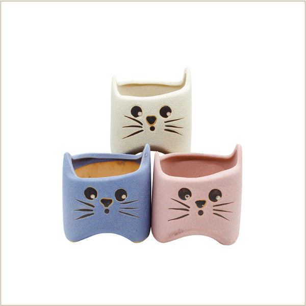 Ceramic Planter (with Drainage Hole) - Cute-Eyed Cats