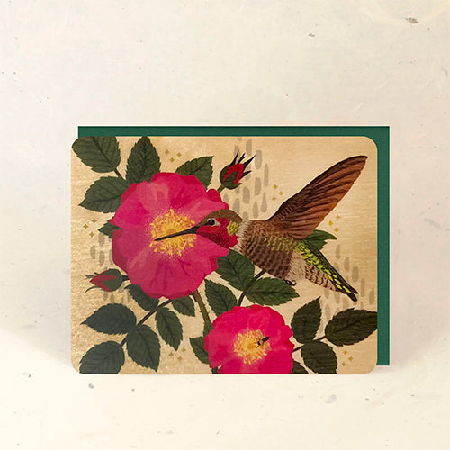 Wood Greeting Card - Hummingbird and Rose