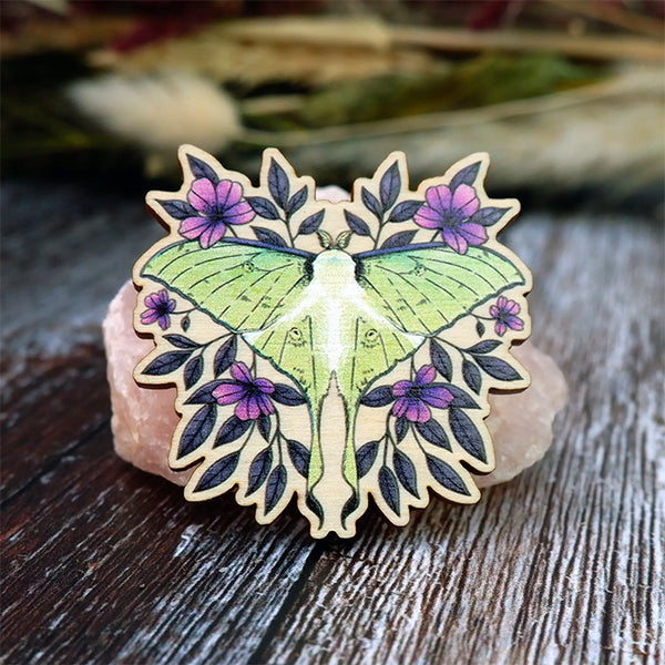 Print is Dead - Wooden Pin/Badge - Luna Moth