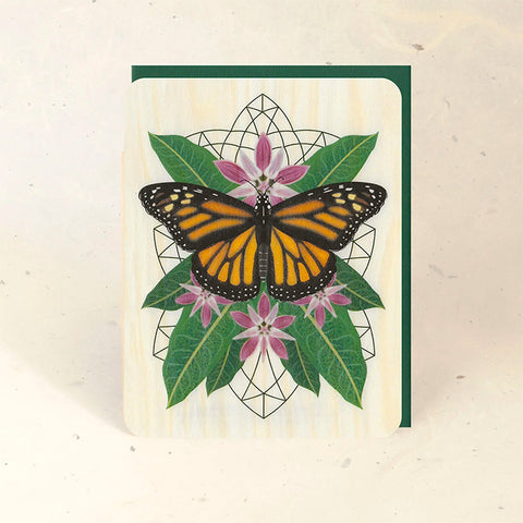 Wood Greeting Card - Monarch and Milkweed
