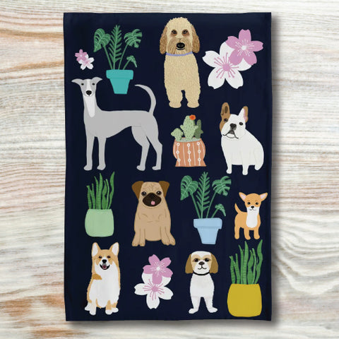 Tea Towel - Cotton - Dogs with Plants