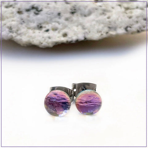 Flame Work Designs - Earrings - Dichroic Glass Studs - Purple Pastel Pie