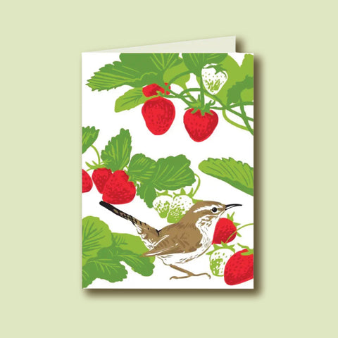 Rigel Stuhmiller Note Card Bewick’s Wren and Strawberries