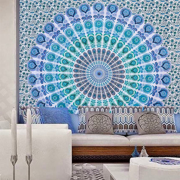 Bedding/Wall Hanging/Tapestry - Psychedelic Peacock Mandala - Sky Blue