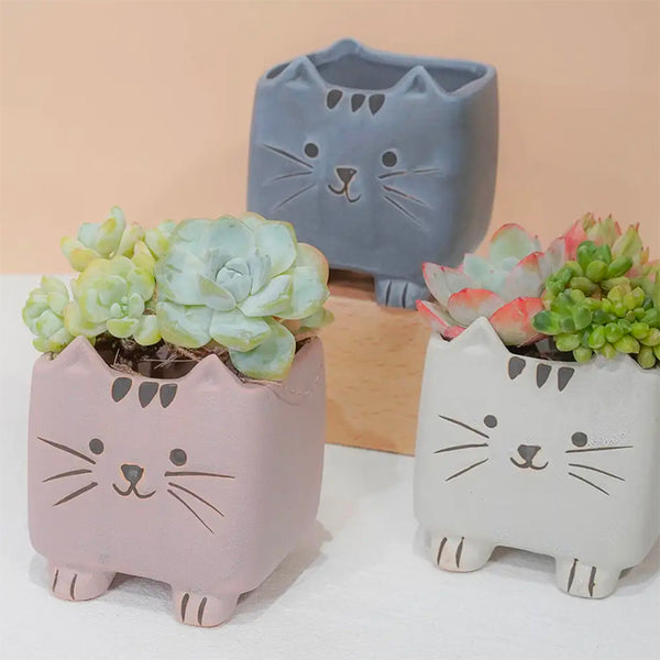 Ceramic Planter (with Drainage Hole) - Cute Cartoon Cat