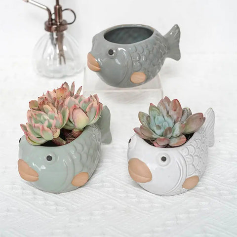 Ceramic Planter (with Drainage Hole) - Glazed Fish