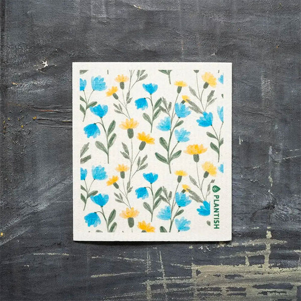 Swedish Dishcloth - Plantish Blue and Yellow Flowers